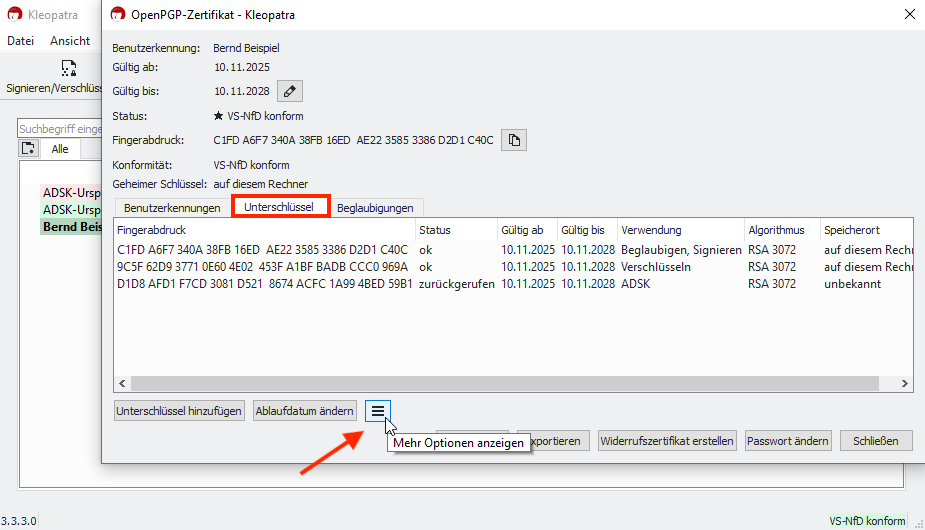 Ansicht der Unterschlüssel-Details in Kleopatra, Schaltfläche Mehr Optionen hervorgehoben