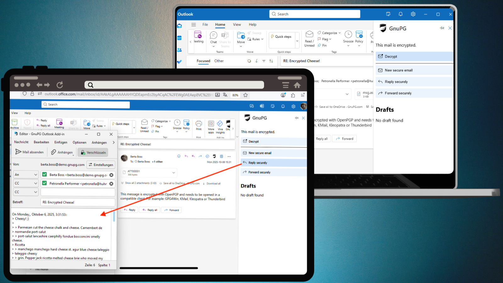 Modern web-based Outlook interface with active GpgOL/Web add-in for secure email encryption using GnuPG